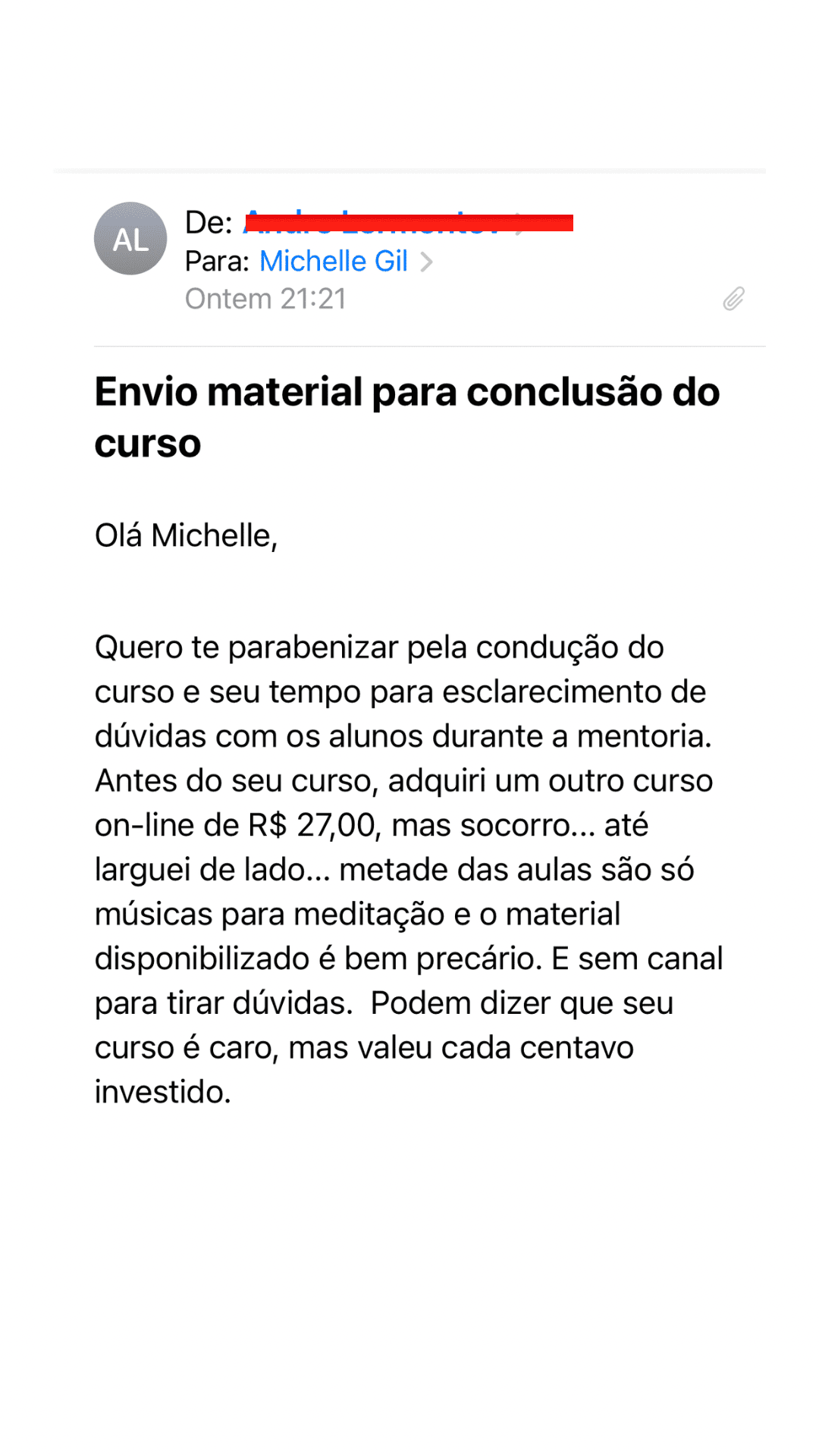 Depoimento de aluna sobre cura e clareza